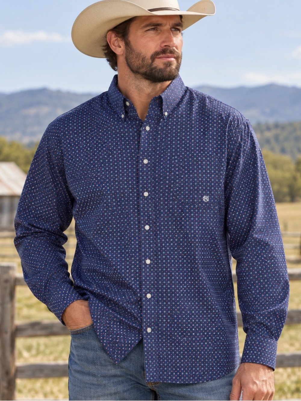 Roper Navy Blue Patterned Western Button-Down Shirt
